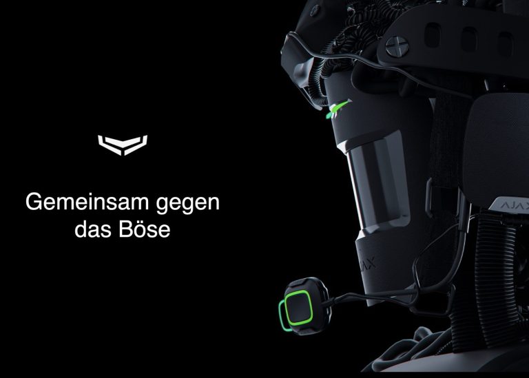 Roboter mit Text: "Gemeinsam gegen das Böse" auf schwarzem Hintergrund.