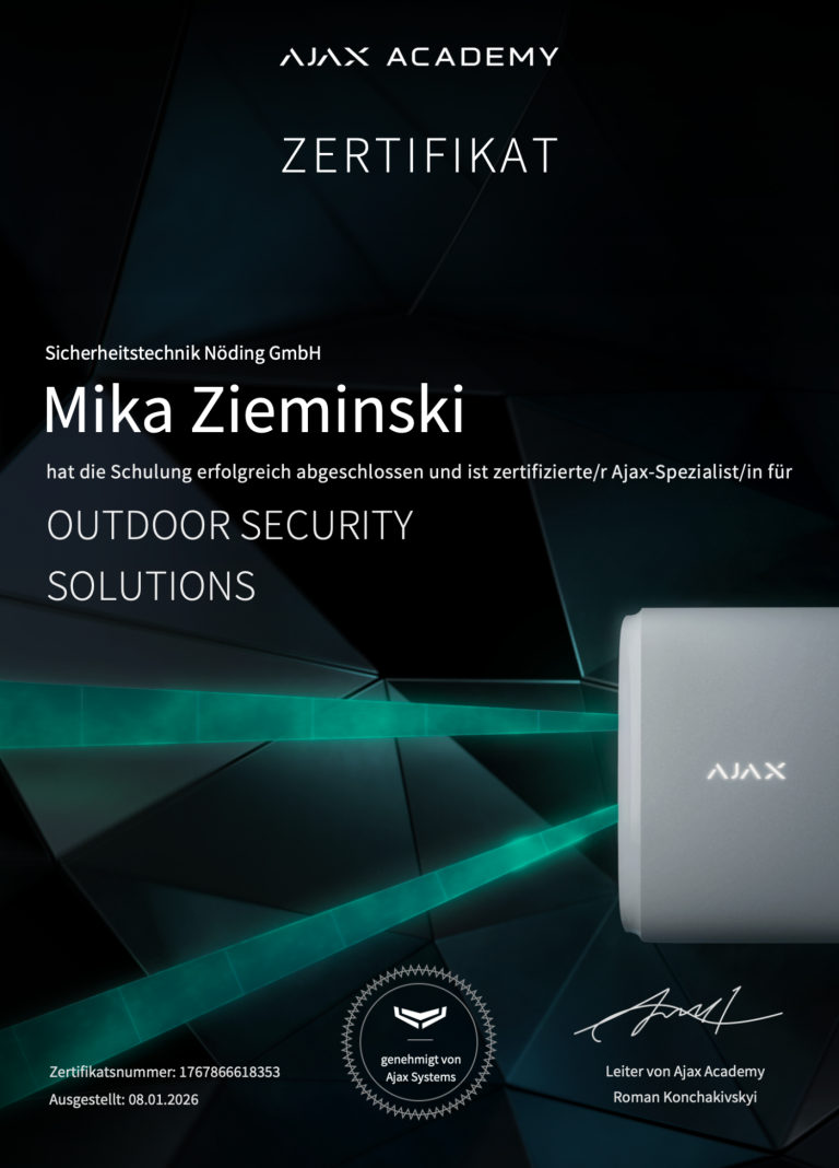 Zertifikat für Mika Zieminski von der AJAX Academy für Außen Sicherheitssysteme.